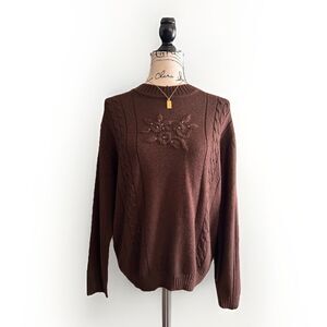 VTG Haband Large Brown Floral Beaded Long Sleeve Knit Sweater